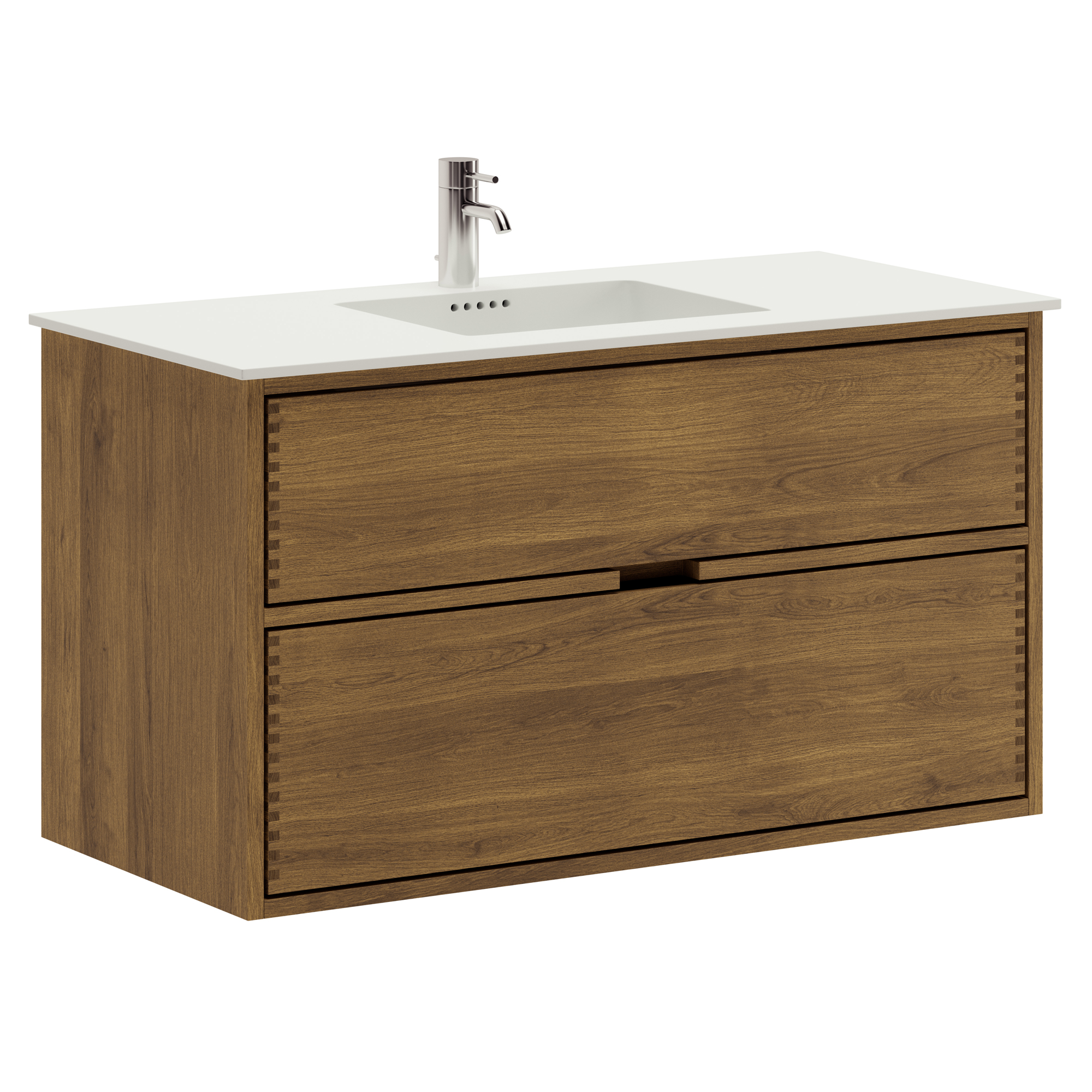 100 cm Mörkoljerad Just Wood badrumsmöbel med 2 lådor och Solid Surface bänkskiva