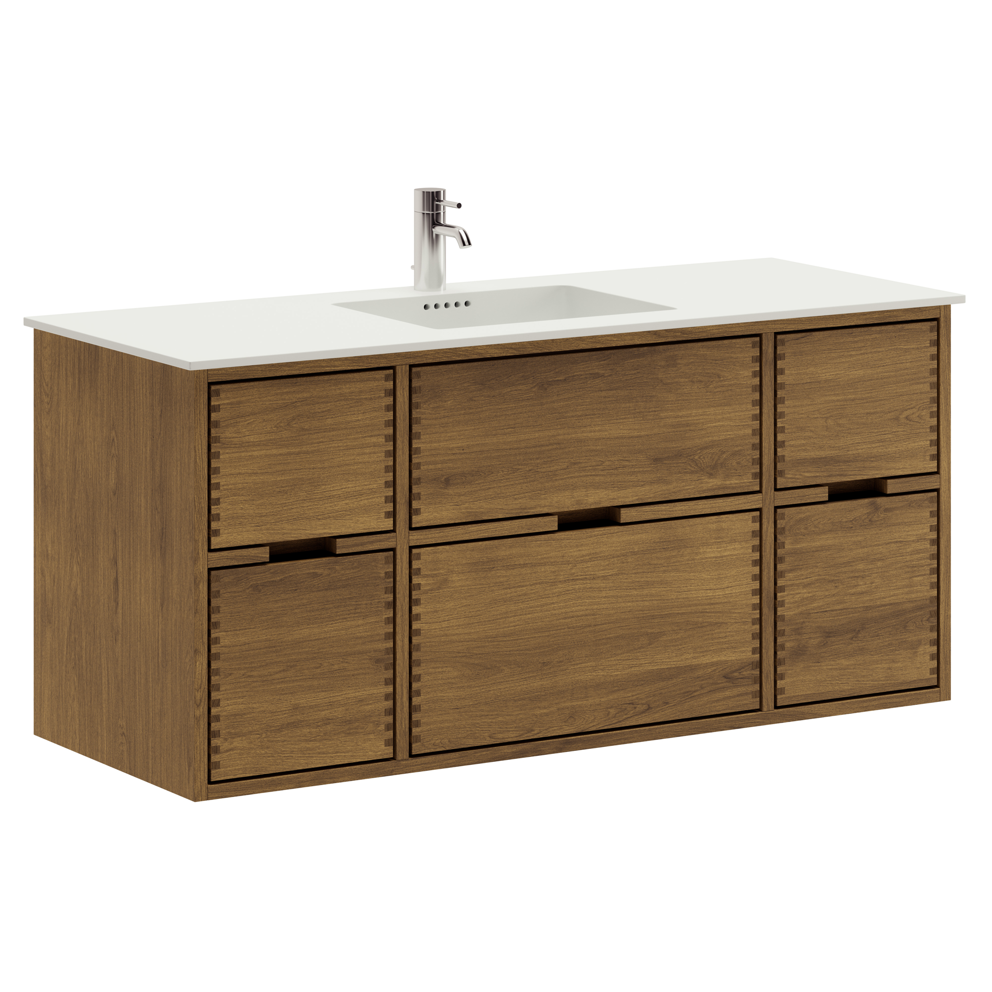 120 cm Mörkoljerad Just Wood badeværelsesmøbel med 6 skuffer og Solid Surface bordplade