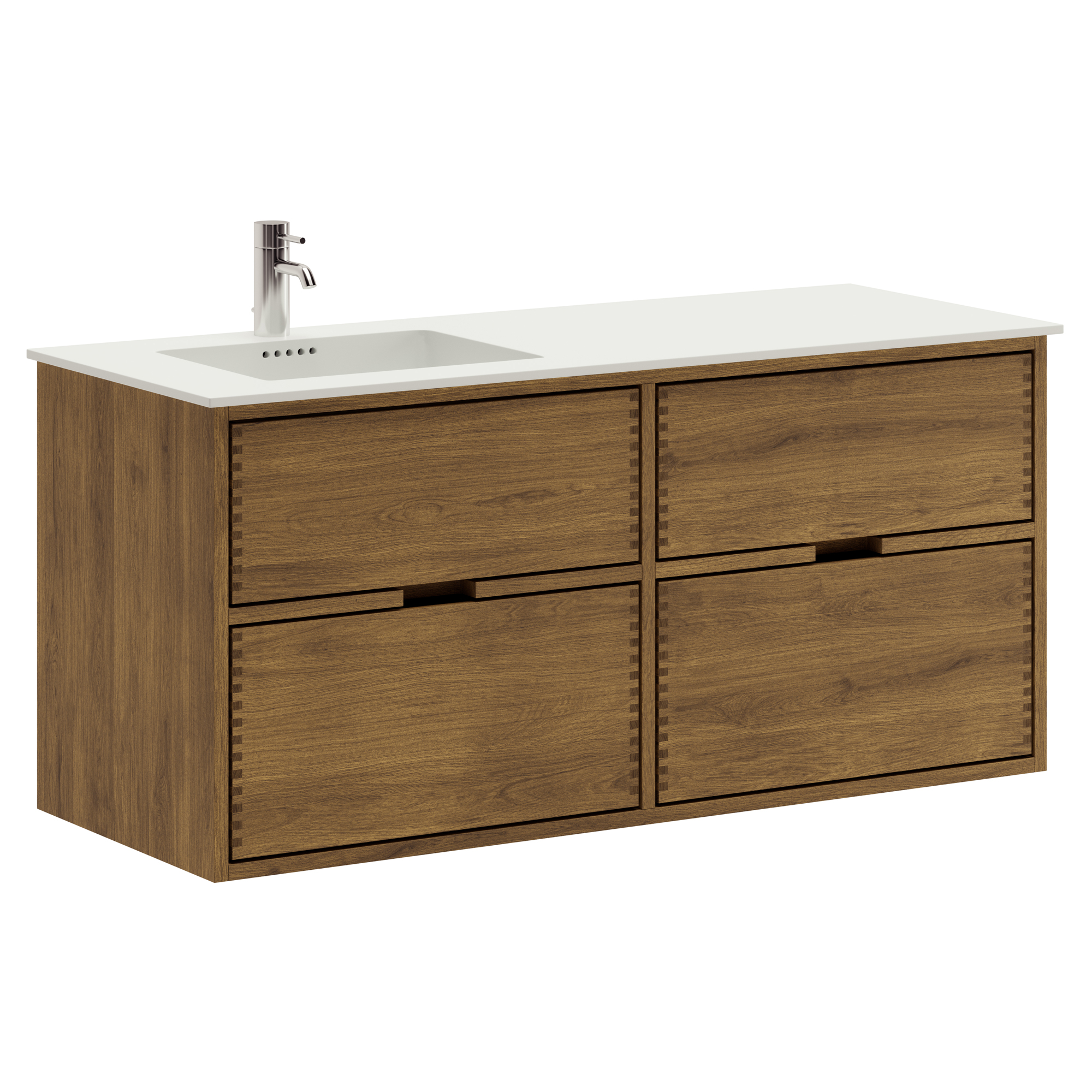 120 cm Mörkoljerad Just Wood badeværelsesmøbel med 4 skuffer og Solid Surface bordplade - Venstre