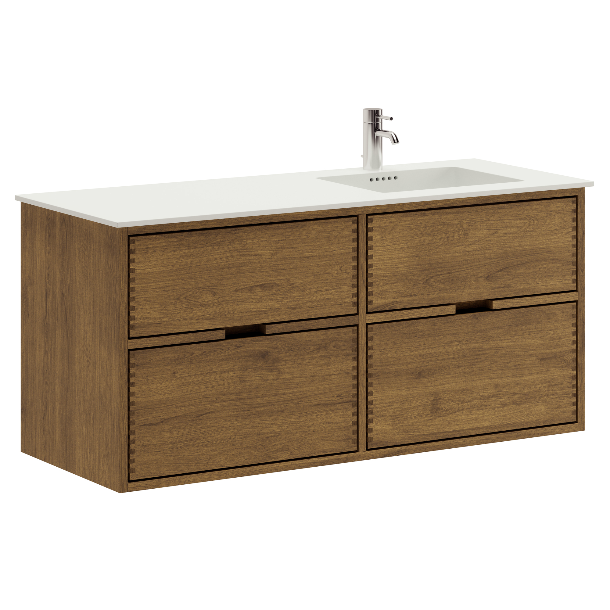 120 cm Mörkoljerad Just Wood badrumsmöbel med 4 lådor och Solid Surface bänkskiva - Höger