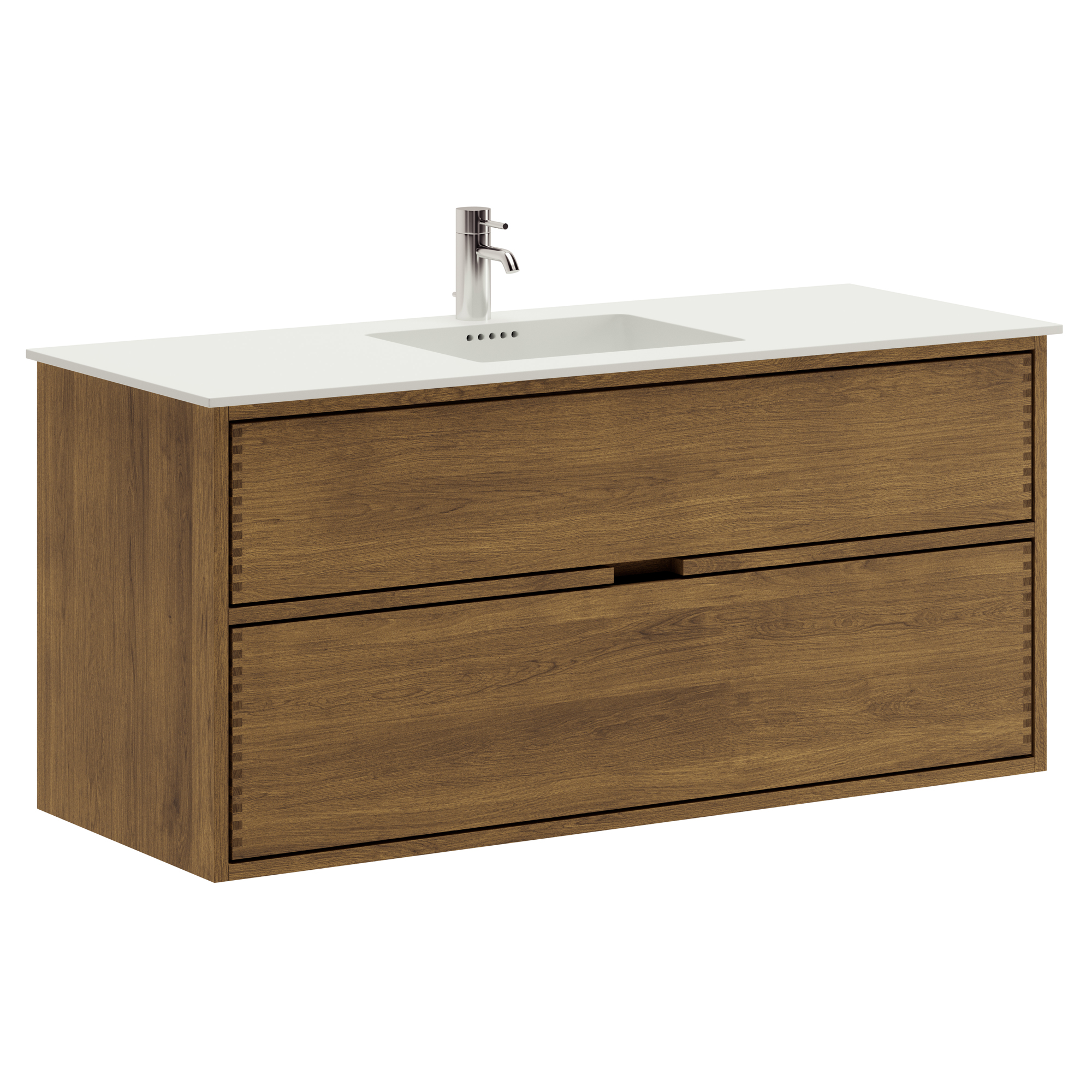 120 cm Mörkoljerad Just Wood badeværelsesmøbel med 2 skuffer og Solid Surface bordplade