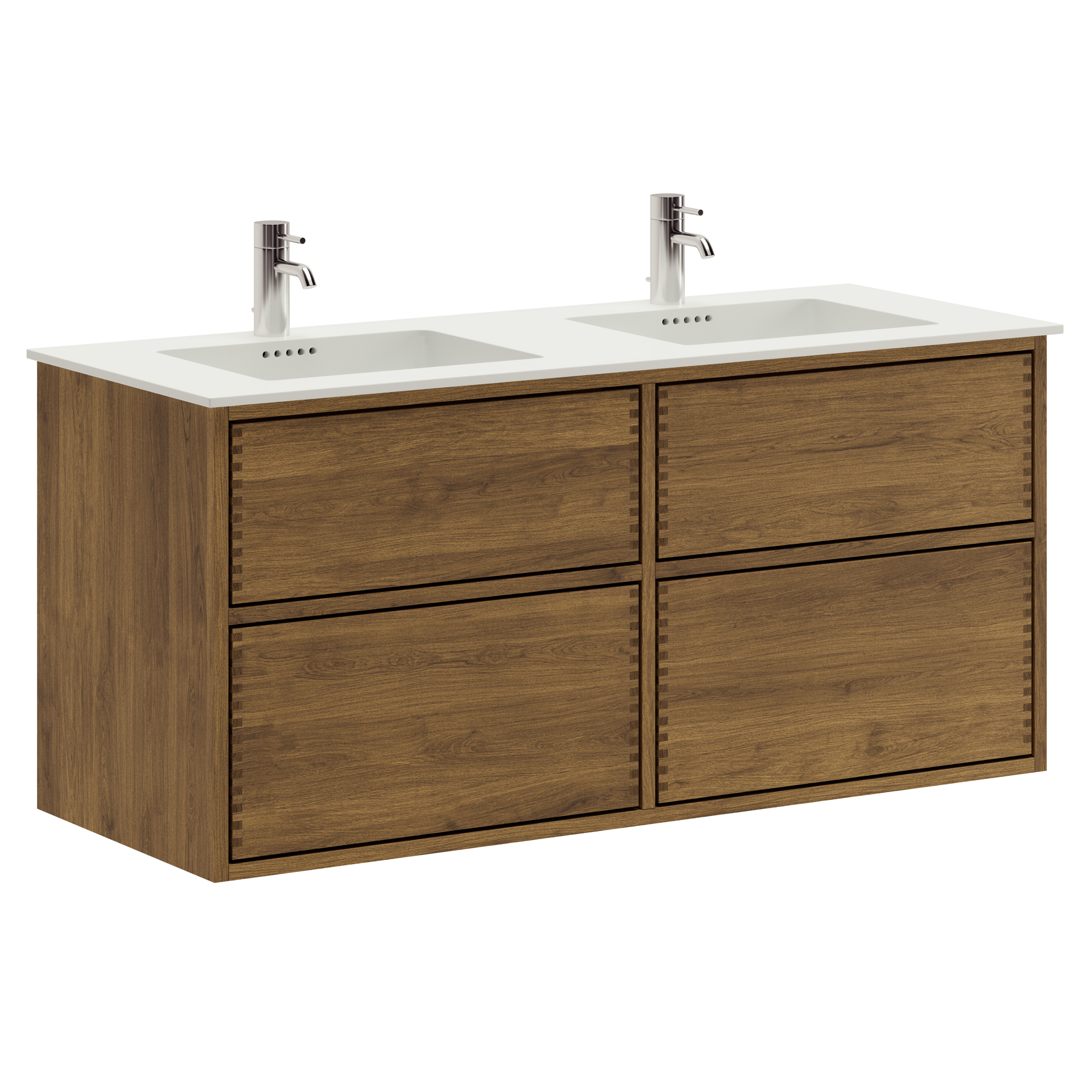 120 cm Mörkoljerad Just Wood Push badrumsmöbel med 4 lådor och Solid Surface bänkskiva - Dubbel tvättställ