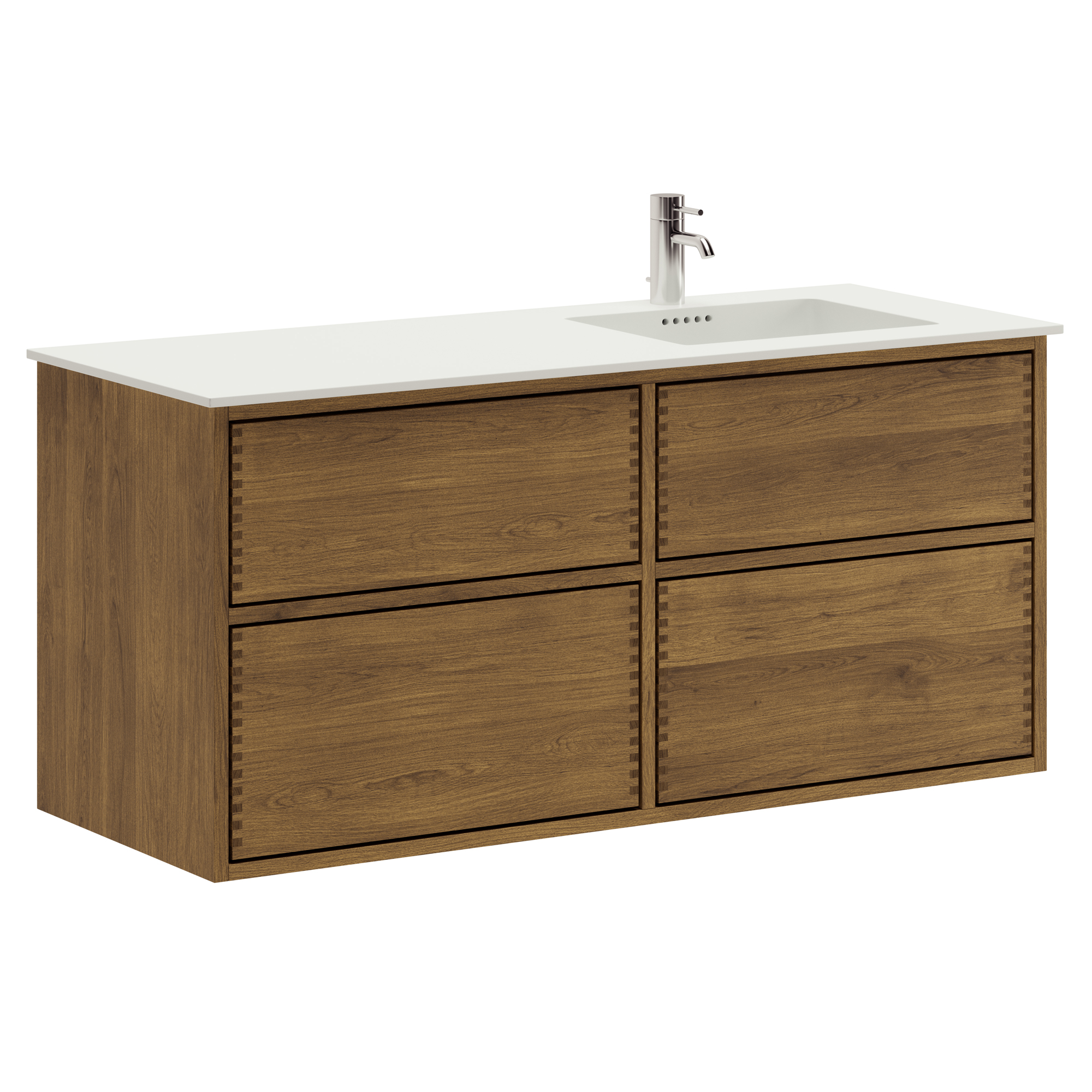 120 cm Mörkoljerad Just Wood Push badrumsmöbel med 4 lådor och Solid Surface bänkskiva - Höger