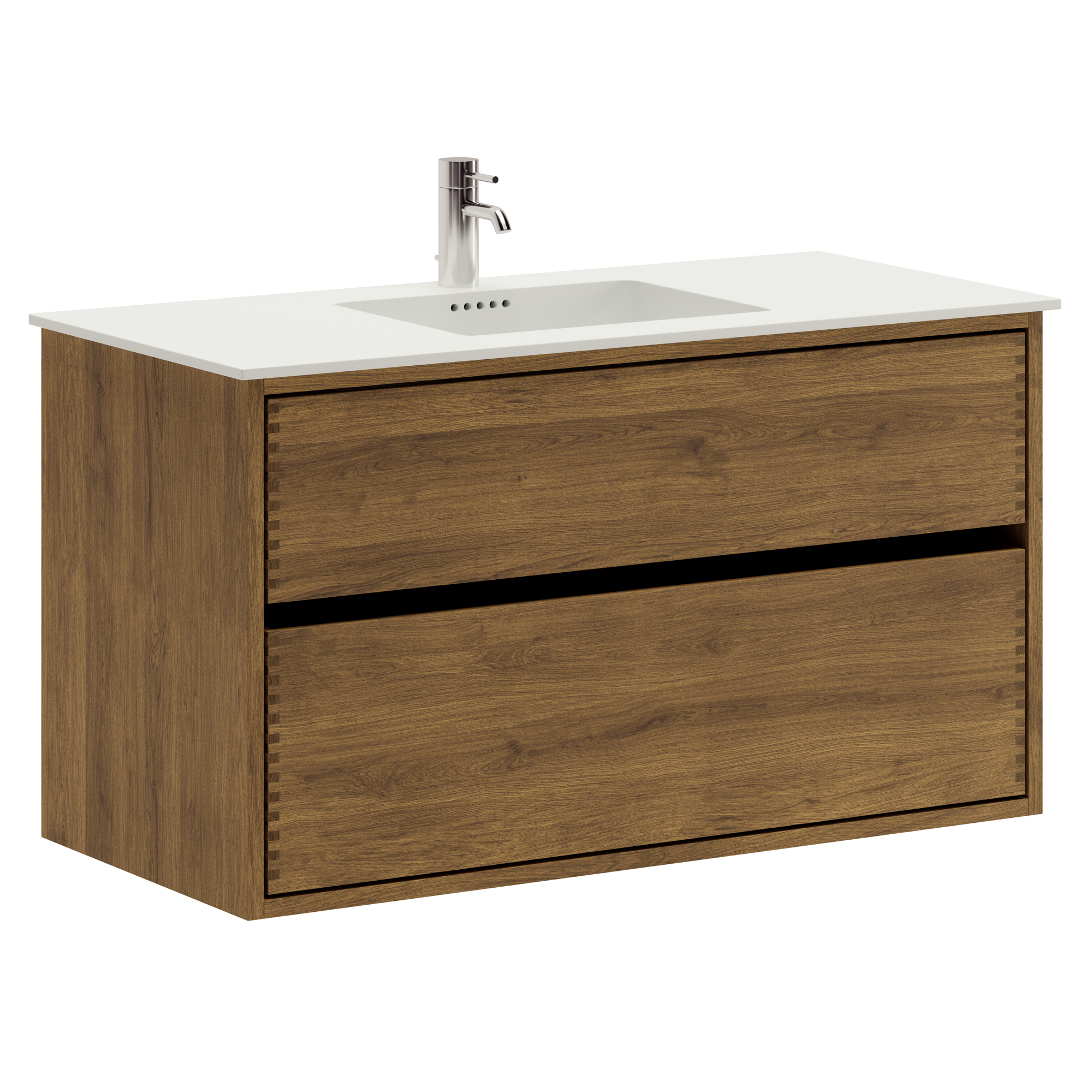 100 cm Mörkoljerad Just Wood Original badrumsmöbel med 2 lådor och Solid Surface bänkskiva