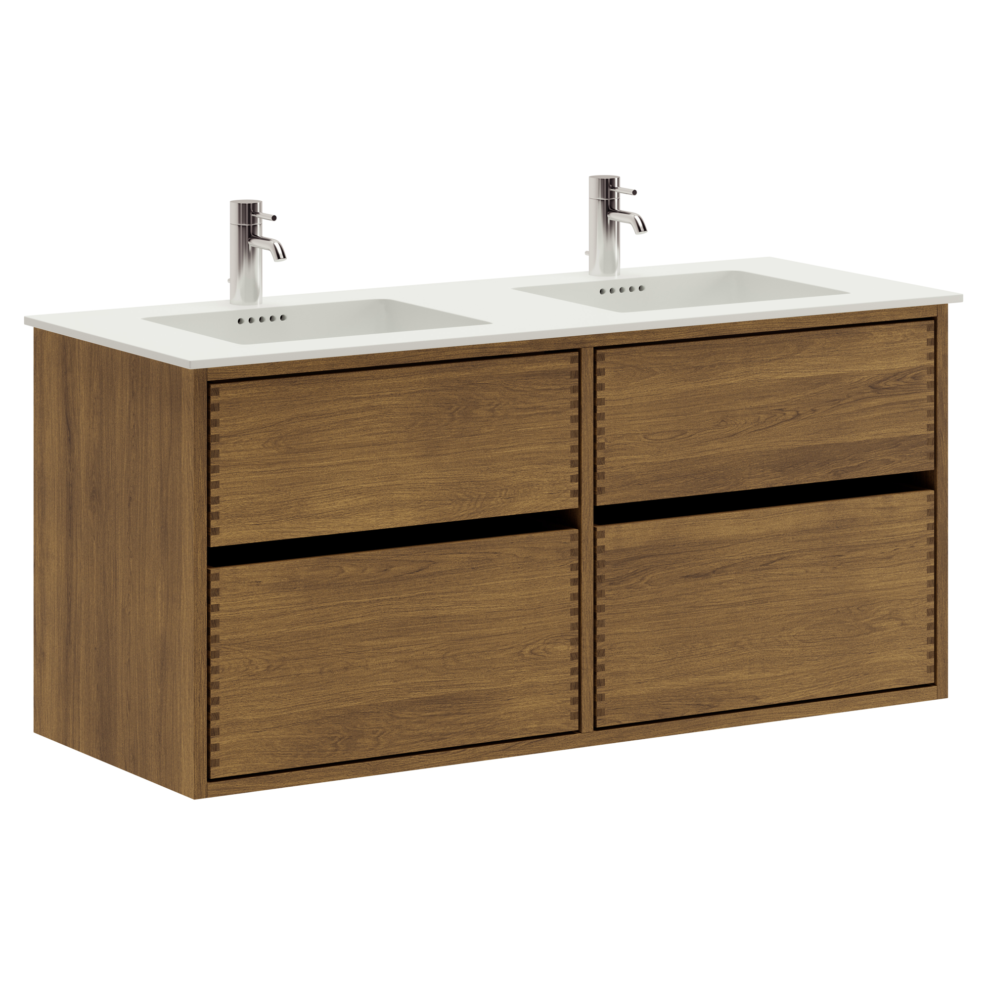 120 cm Mörkoljerad Just Wood Original badeværelsesmøbel med 4 skuffer og Solid Surface bordplade - Dobbeltvask