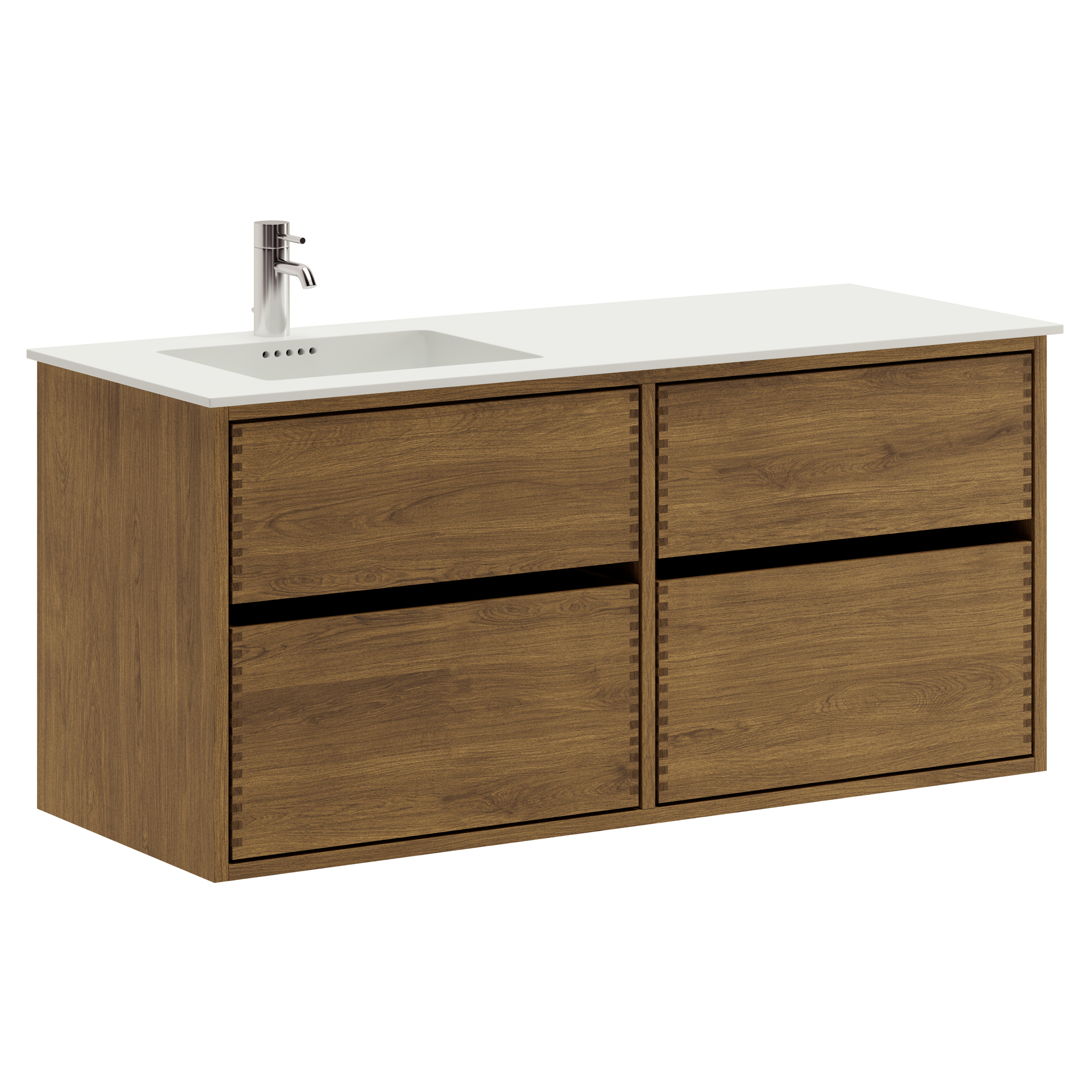 120 cm Mörkoljerad Just Wood Original badrumsmöbel med 4 lådor och Solid Surface bänkskiva - Vänster