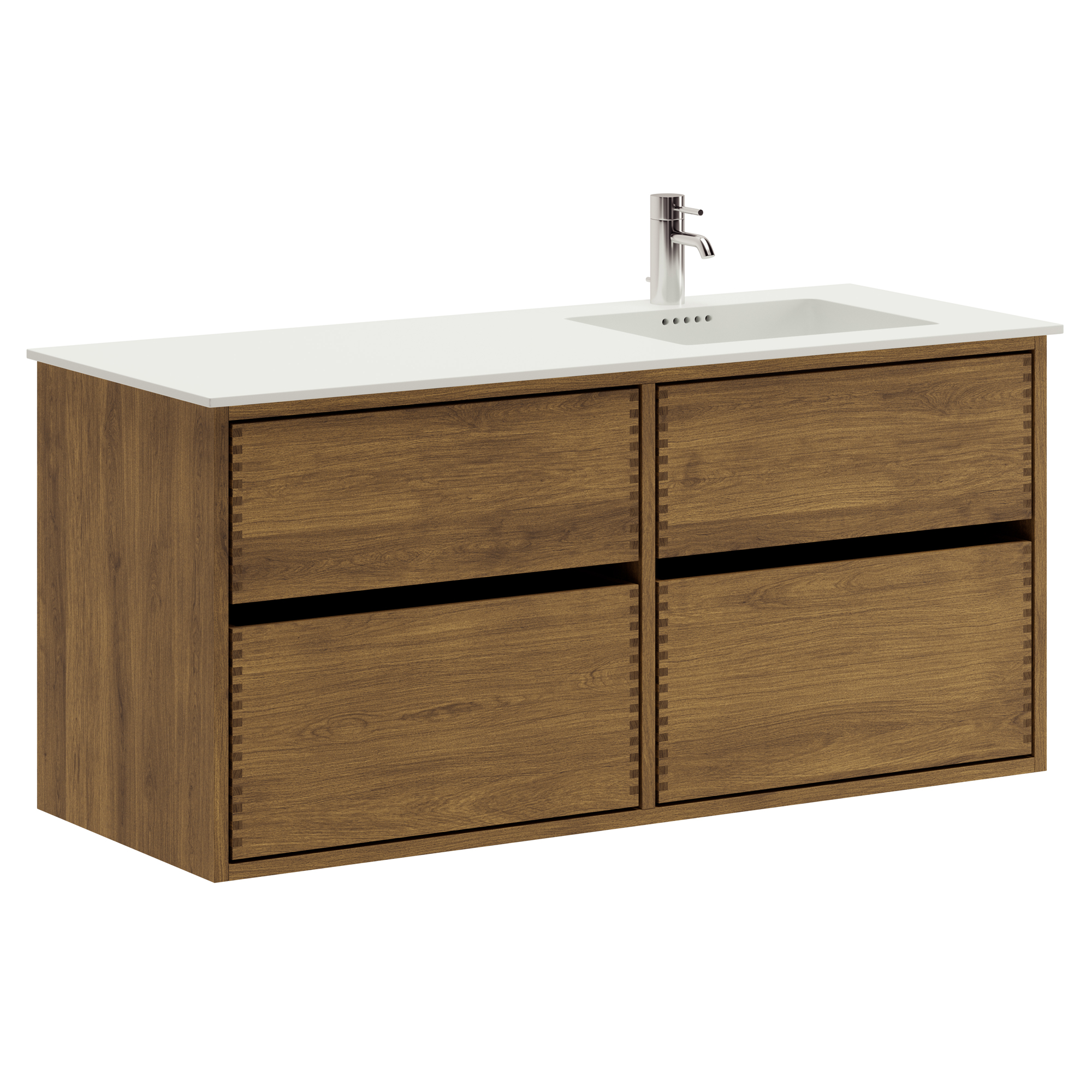 120 cm Mörkoljerad Just Wood Original badrumsmöbel med 4 lådor och Solid Surface bänkskiva - Höger